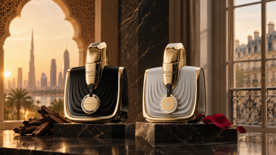 Elyon Infinity and Aria perfume bottles between Dubai-inspired and European architectural settings