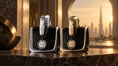 Elyon Dubai Himeros and Infinity perfume bottles in a Dubai-inspired luxury setting