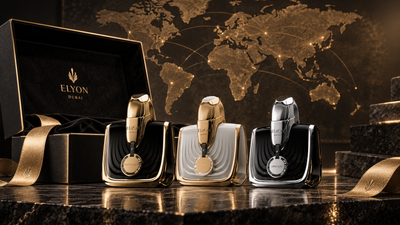 Elyon Infinity, Aria and Himeros bottles beside a luxury presentation box and a world map