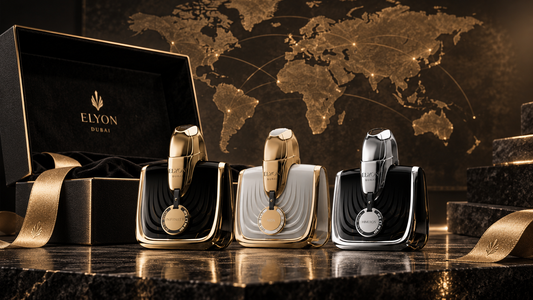 Elyon Infinity, Aria and Himeros bottles beside a luxury presentation box and a world map