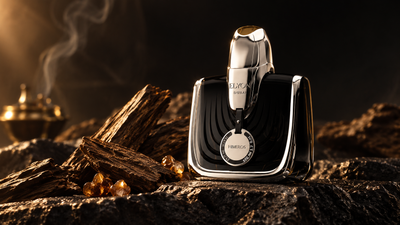 Elyon Himeros perfume bottle with oud wood, amber resin and warm incense lighting