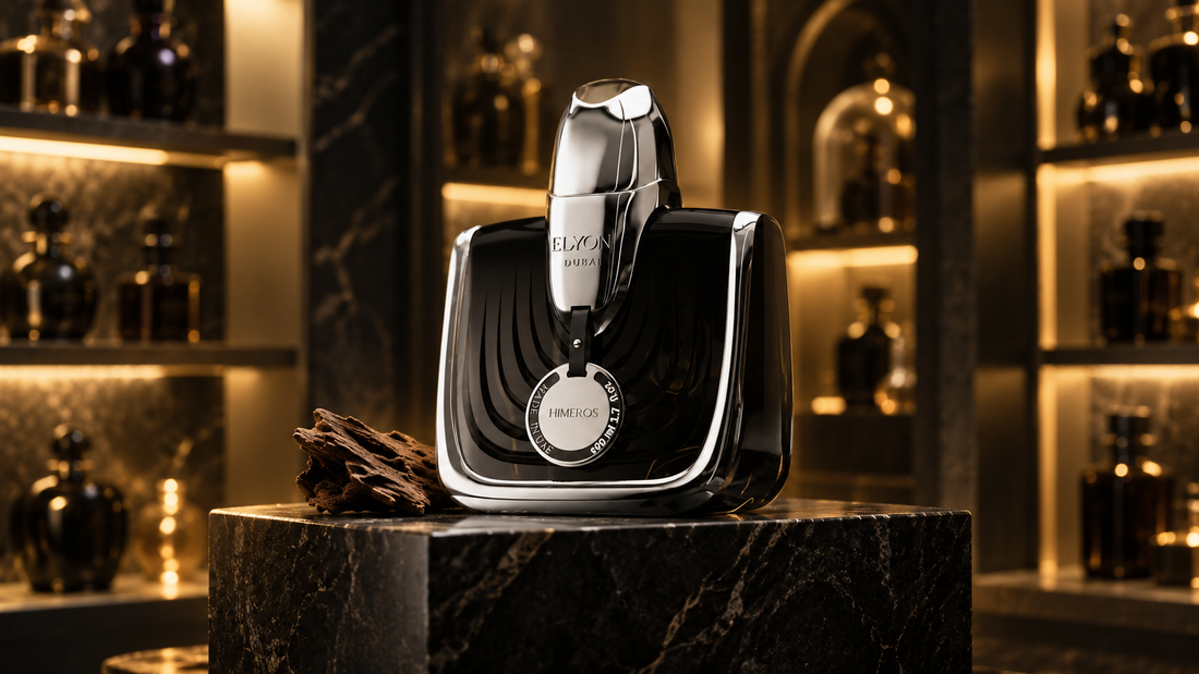 Elyon Himeros perfume bottle on a stone pedestal in a private fragrance collection